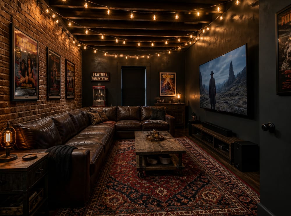 Exposed brick and Edison bulbs in industrial theater room