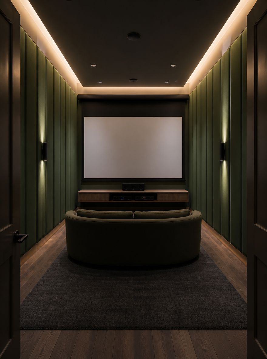 Curved sofa centered in narrow projection room
