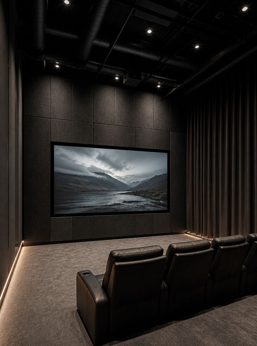 Acoustic panels framing a centered projection screen