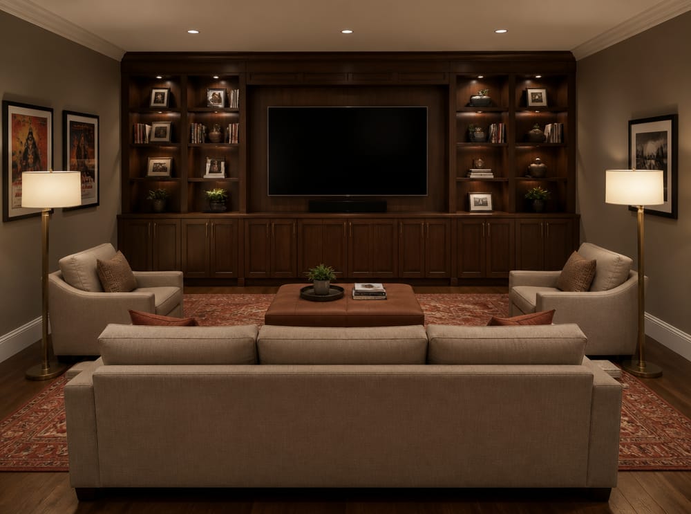 Built-in walnut entertainment wall with flanking armchairs
