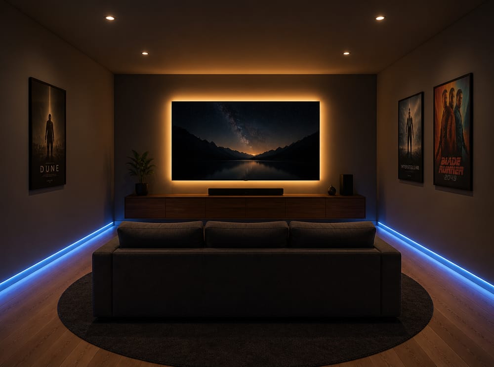 Three-layer lighting scheme in graphite media room