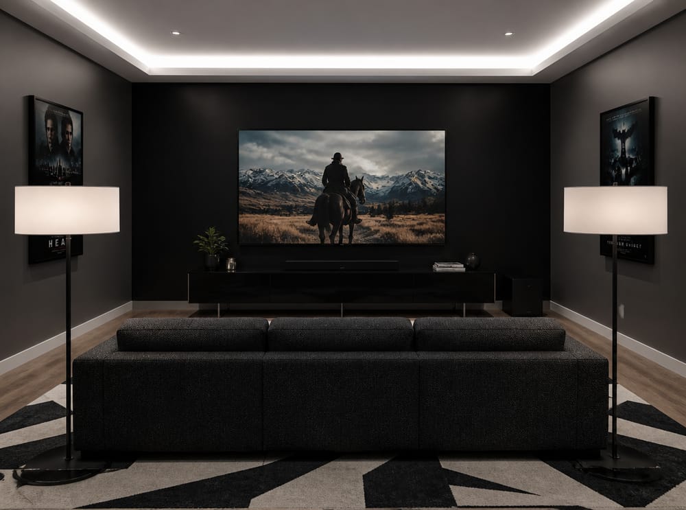 Matte black accent wall with bouclé sofa and cove lighting