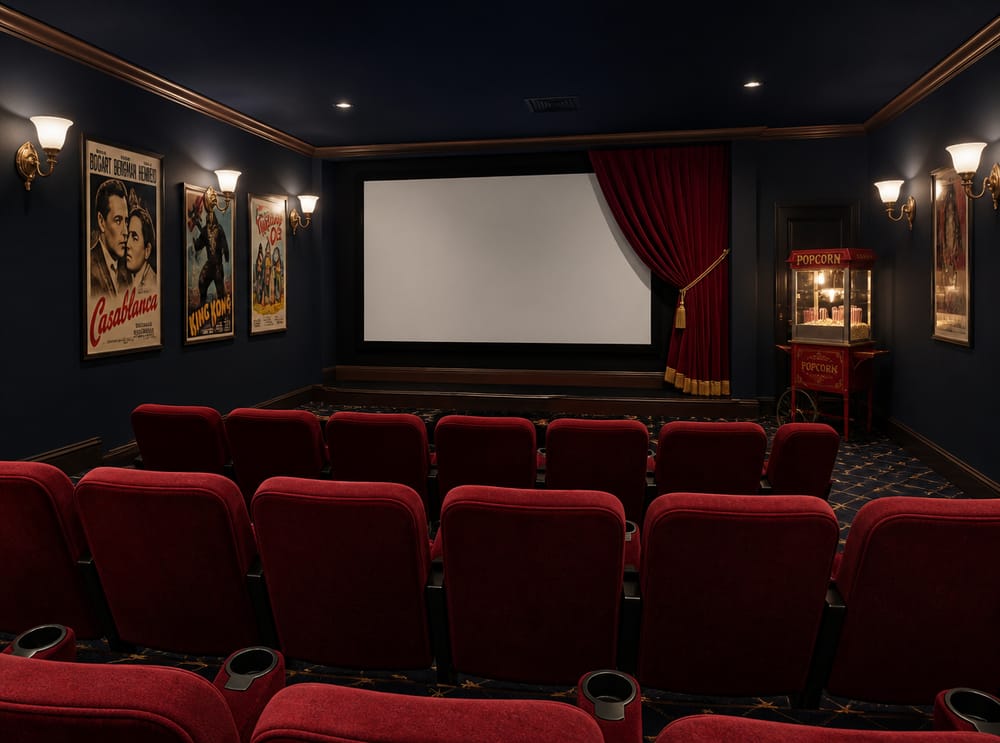 Red velvet curtain framing retro cinema seating rows