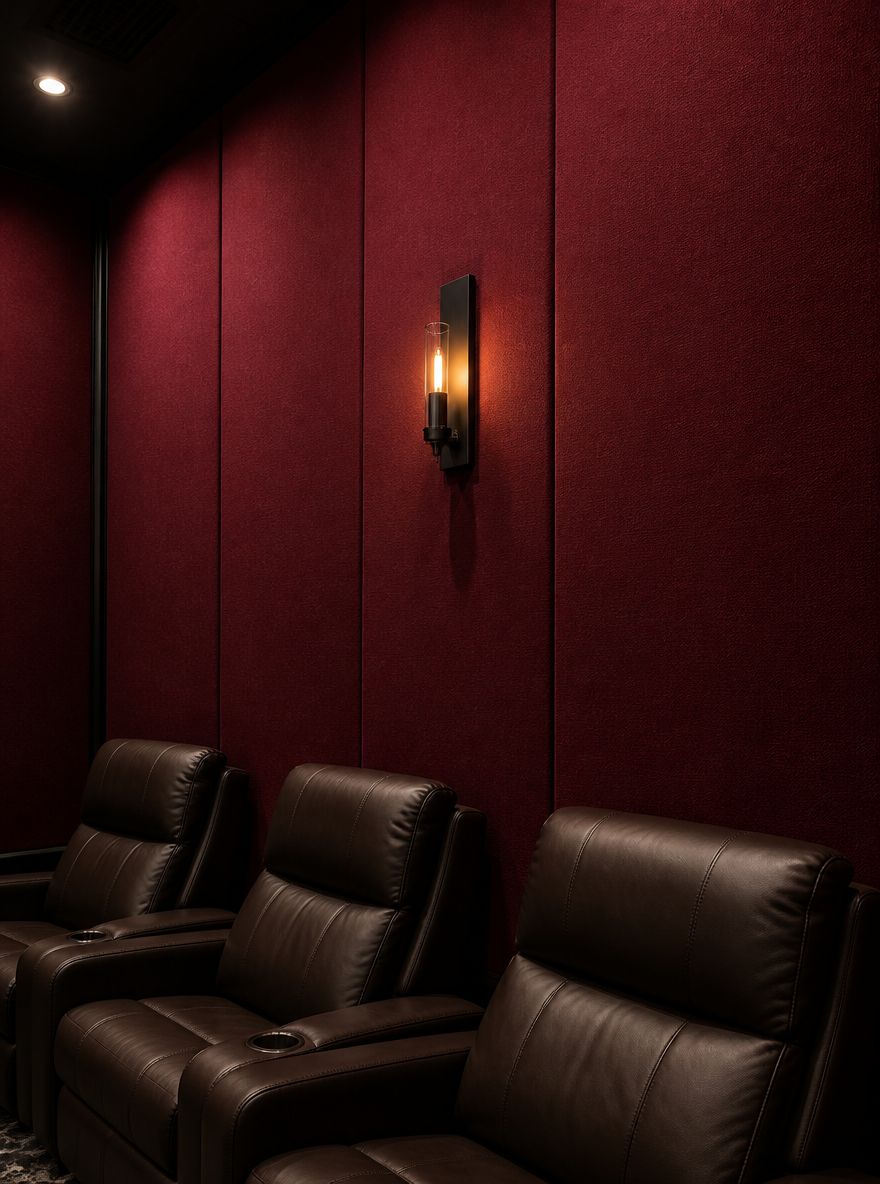 Wine red acoustic panels with matte black wall sconce