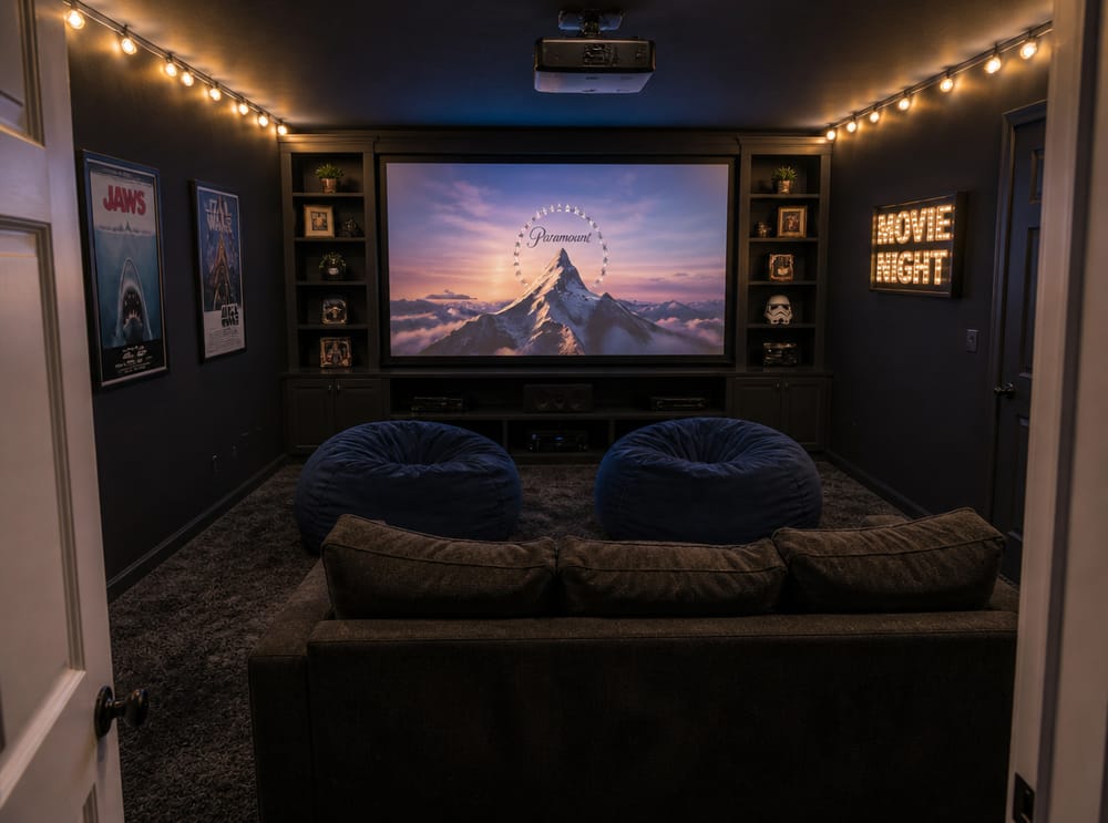 Bean bags and loveseat in compact spare-room theater