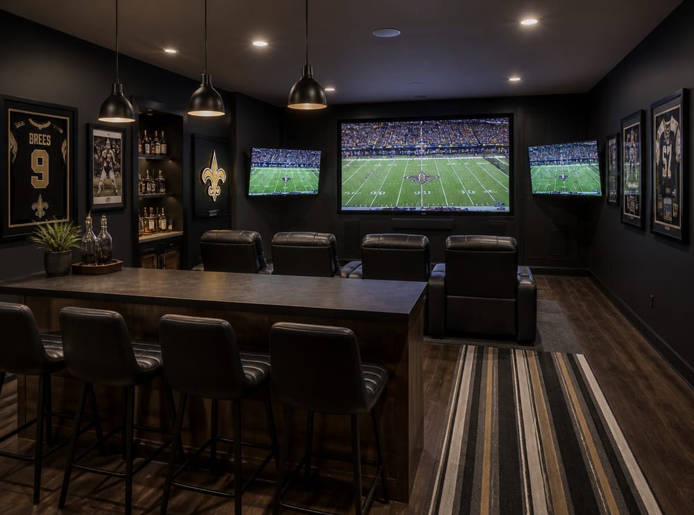 Triple screen wall with bar counter and stools
