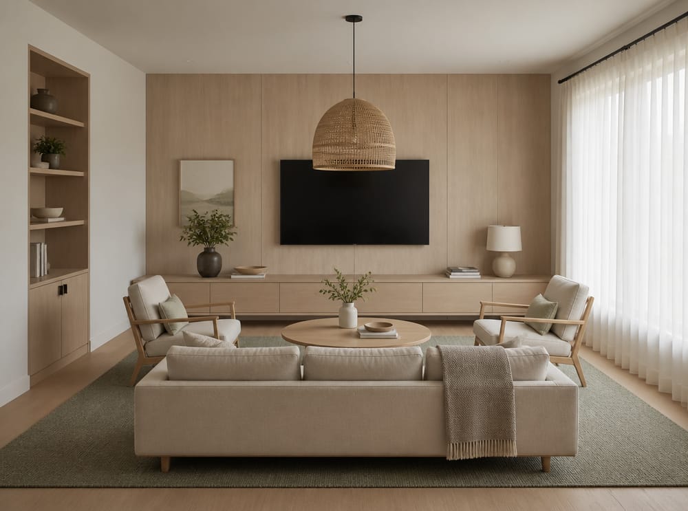 Ash wood panel wall with oatmeal linen sofa