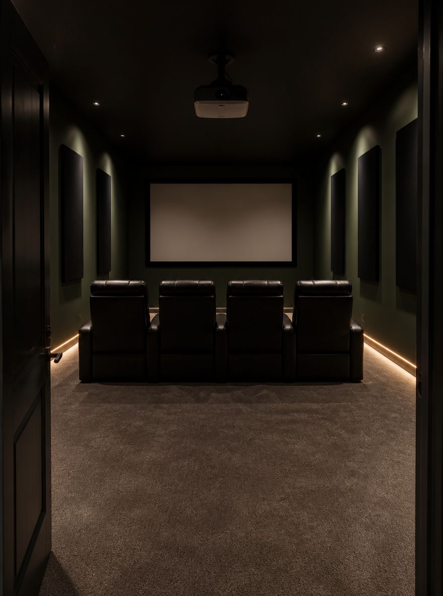 Forest green walls with flush acoustic panels and recliners