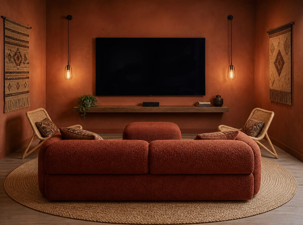 Rust boucle sofa against terracotta plaster wall