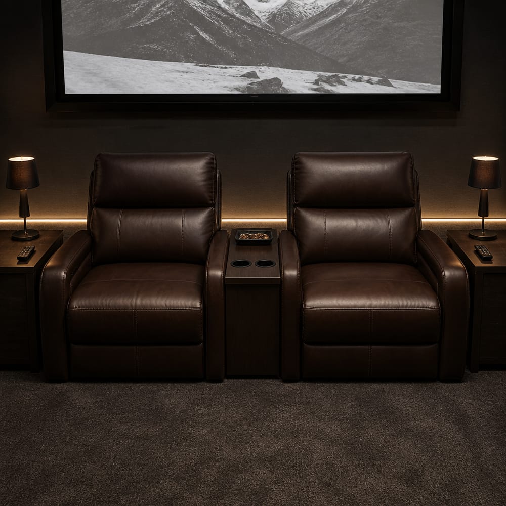 Paired leather recliners with shared center console