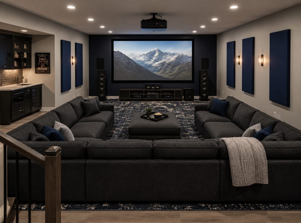 U-shaped sectional with tower speakers flanking screen