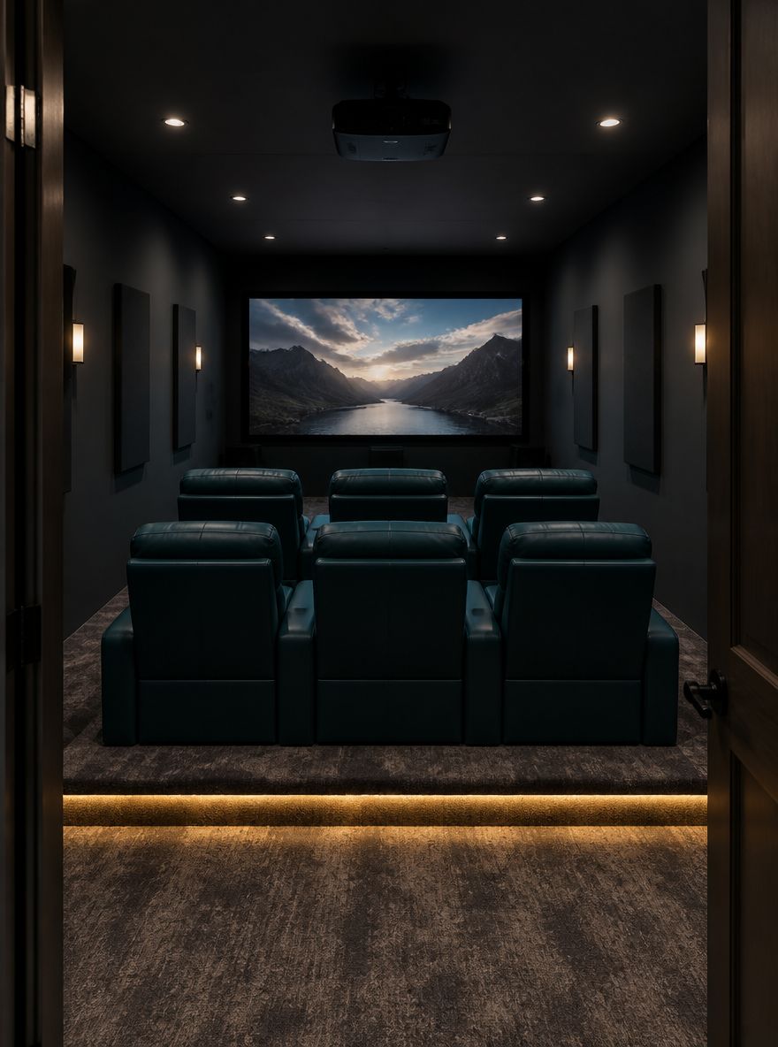 Dark teal recliners on two-level carpeted risers