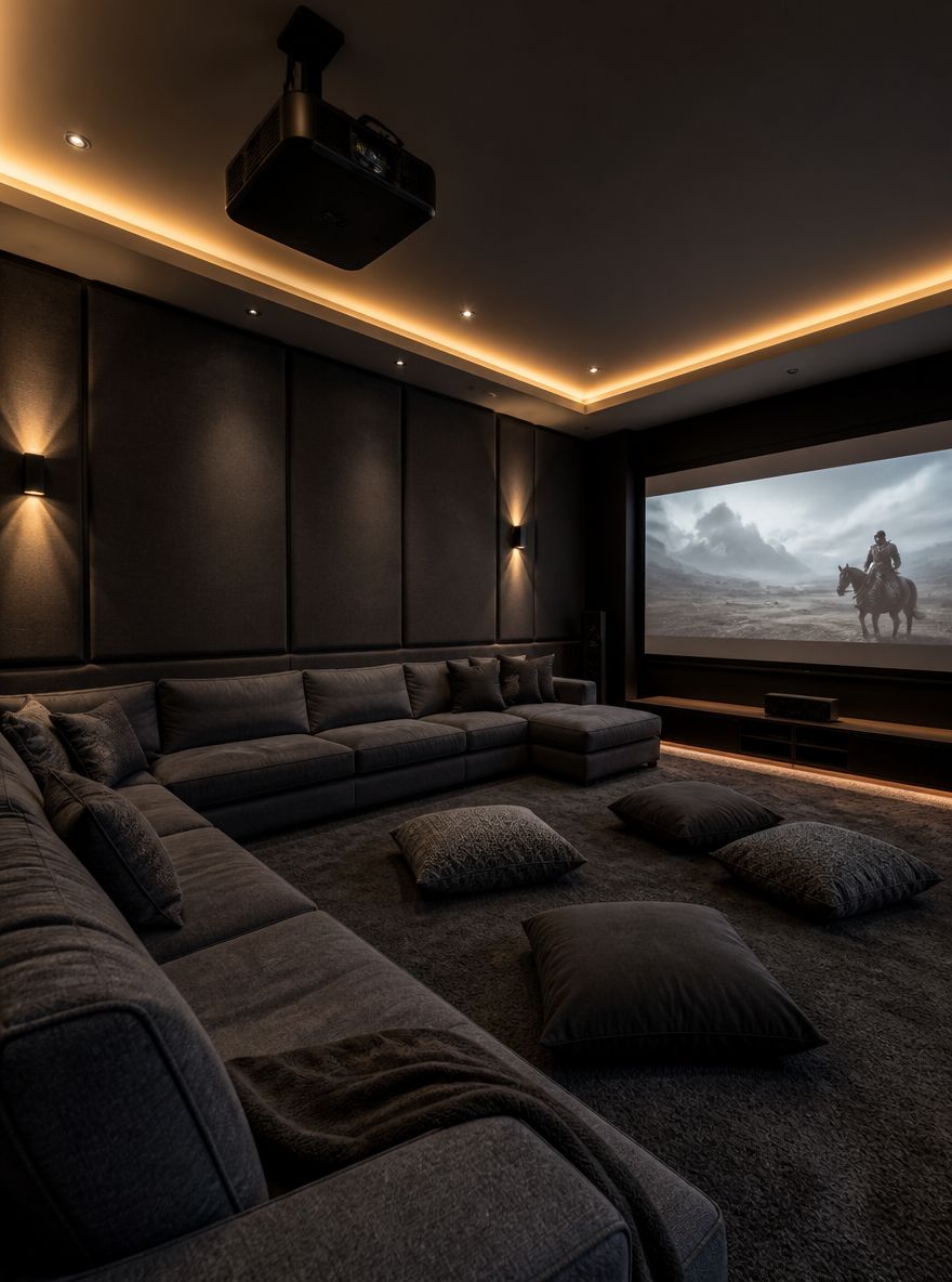 L-shaped sectional with floor cushions and cove lighting