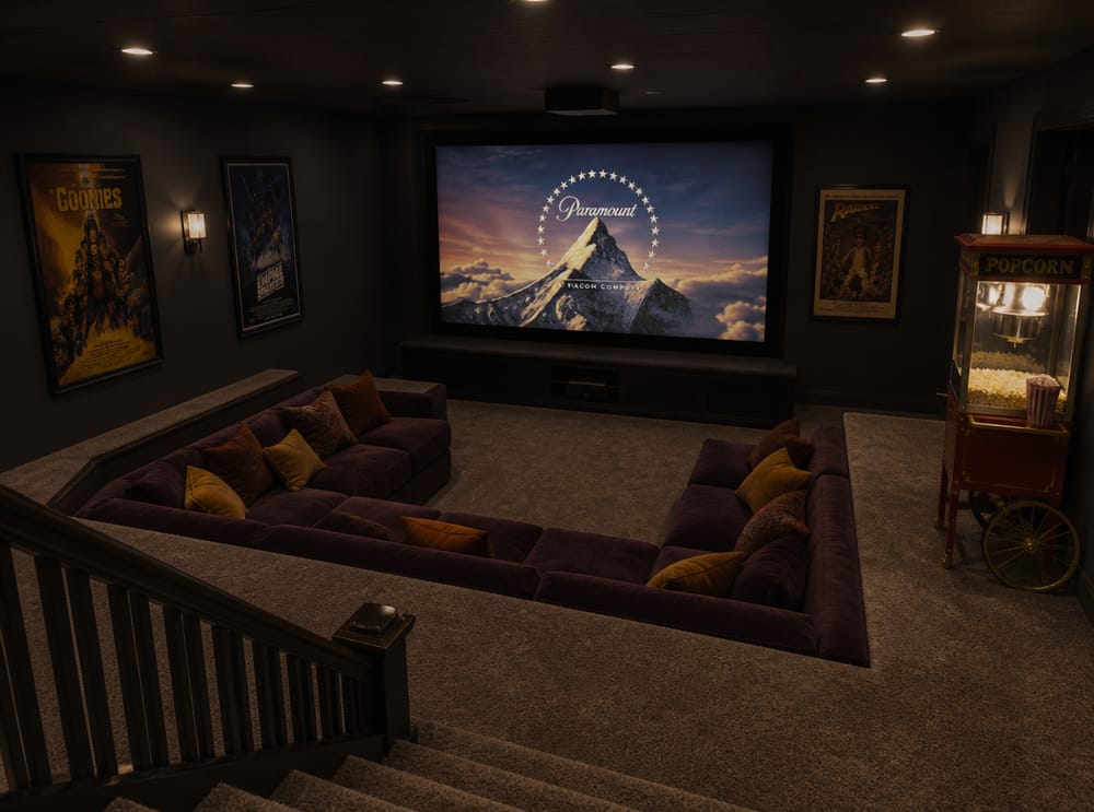 Pit sectional in plum velvet below a projection screen
