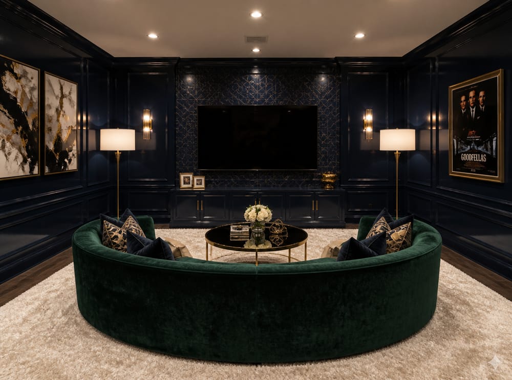 Emerald curved sofa against navy lacquered screen wall