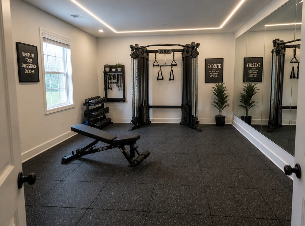 Rubber-floored gym with wall-mounted mirror