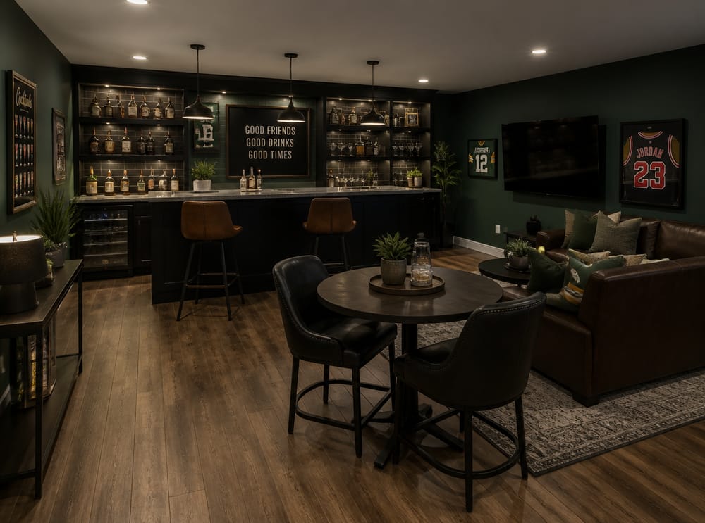 Built-in bar counter spans back wall, emerald walls