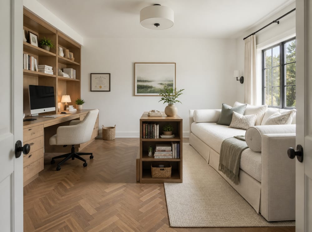 Daybed and desk divided by low bookcase