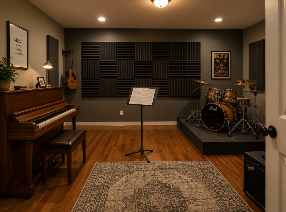 Piano left wall, drum kit on riser, acoustic panels