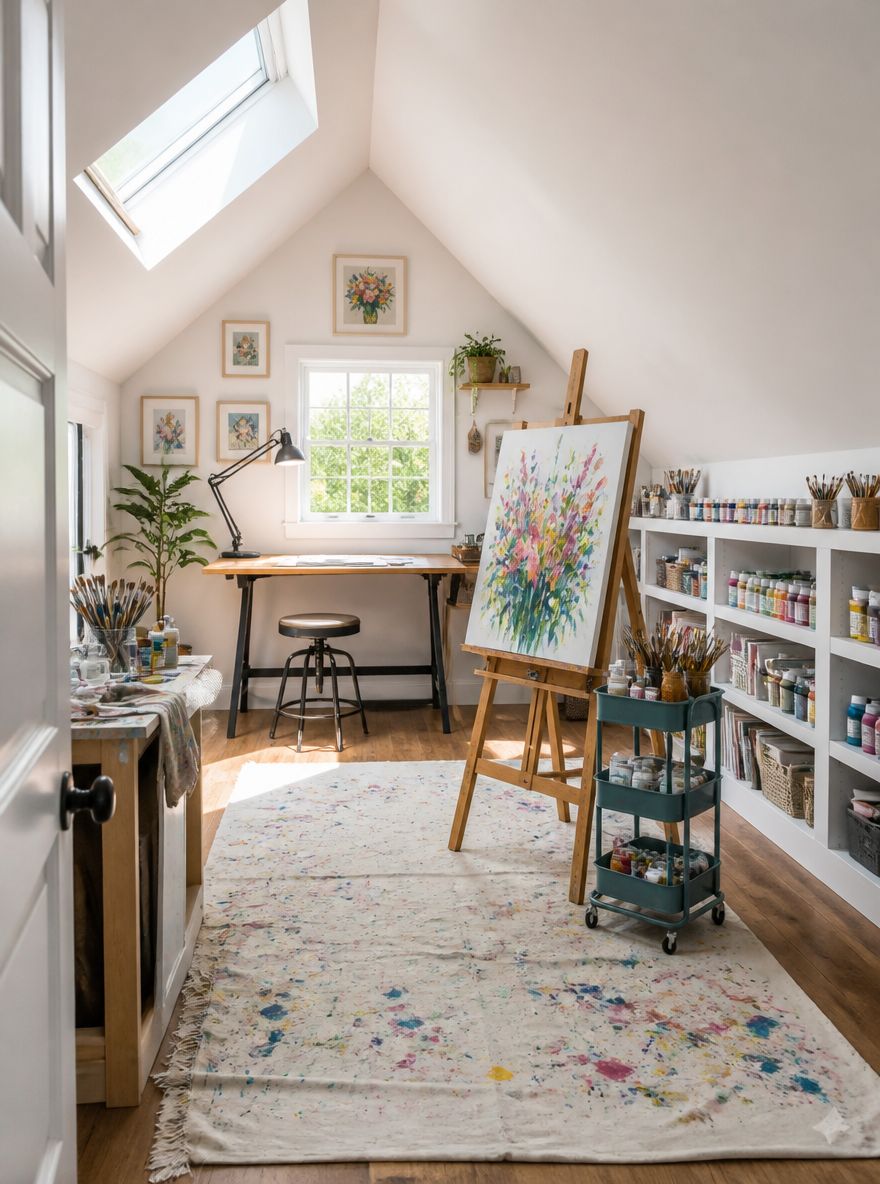 Drafting table under skylight, easel centered