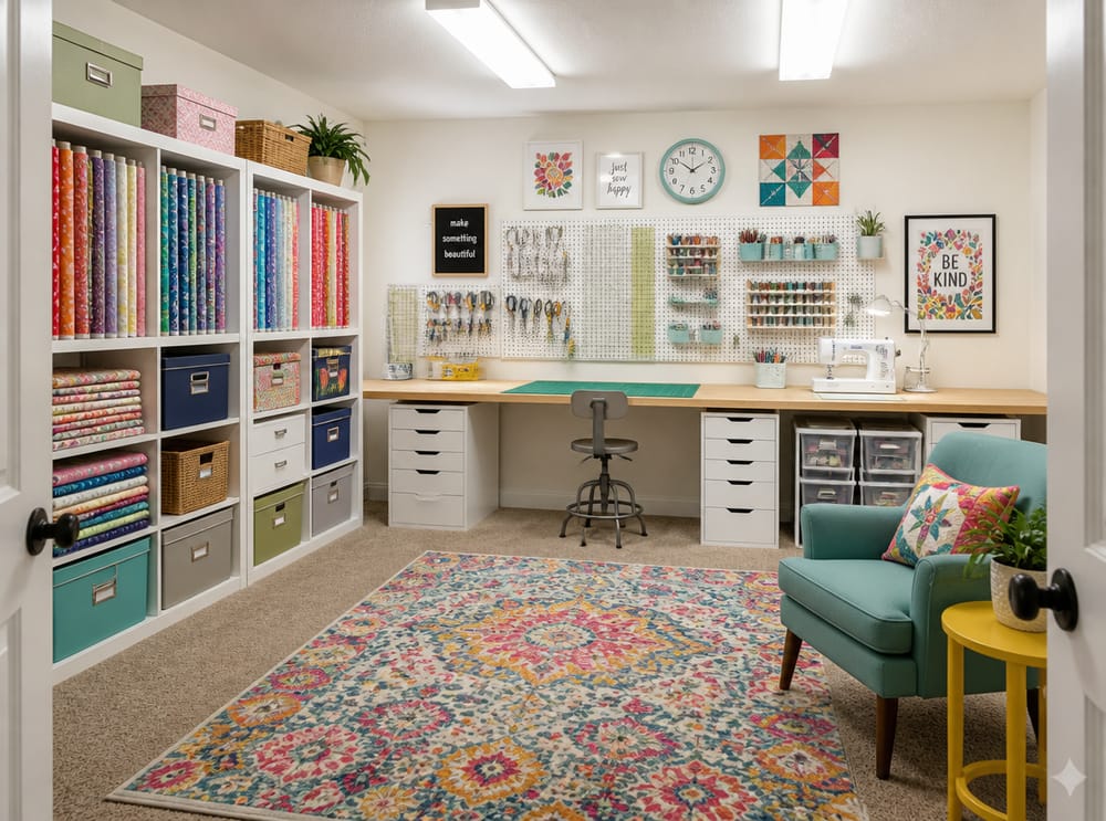Pegboard wall above craft worktable, bright light