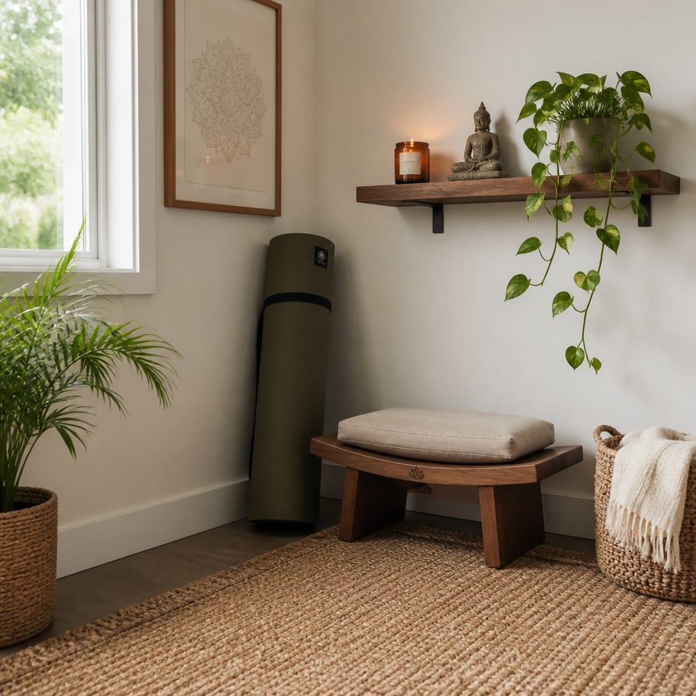 Yoga mat and meditation bench in quiet corner