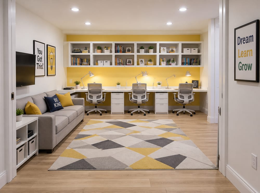 Built-in desk spans back wall, three workstations