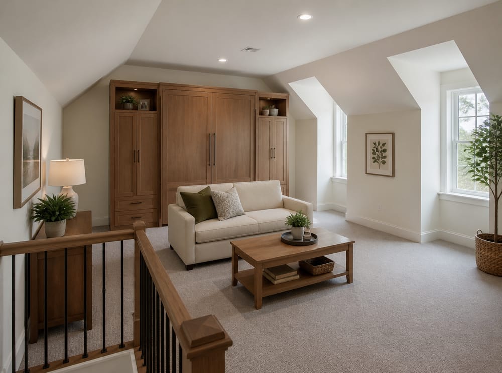 Murphy bed folds into built-in cabinet, loveseat centered
