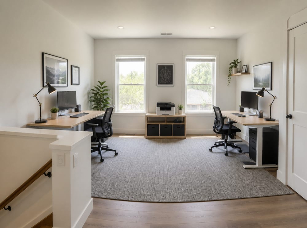 Two desks face opposite walls, shared printer stand