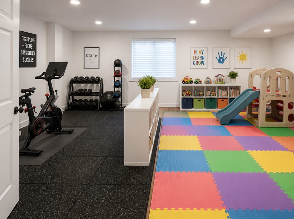Exercise zone and play zone divided by shelf