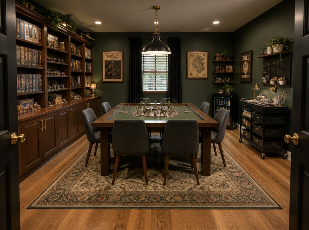 Game table centered, board game shelves on left