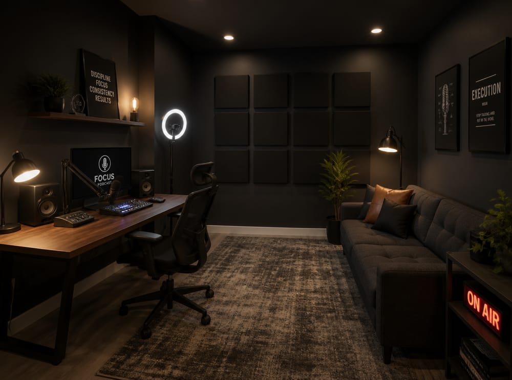 Microphone desk, acoustic panel grid, guest sofa