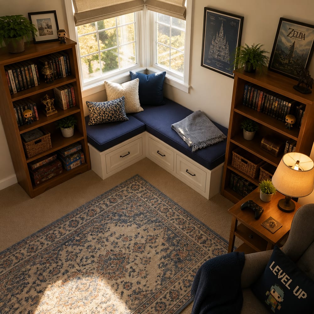 Built-in window seat with storage drawers below