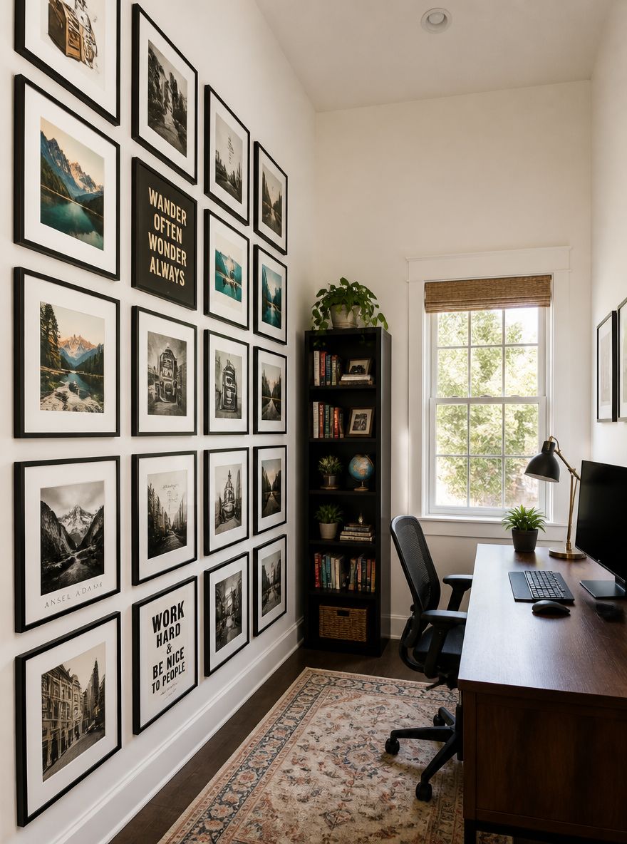 Grid gallery wall beside desk, corner bookshelf