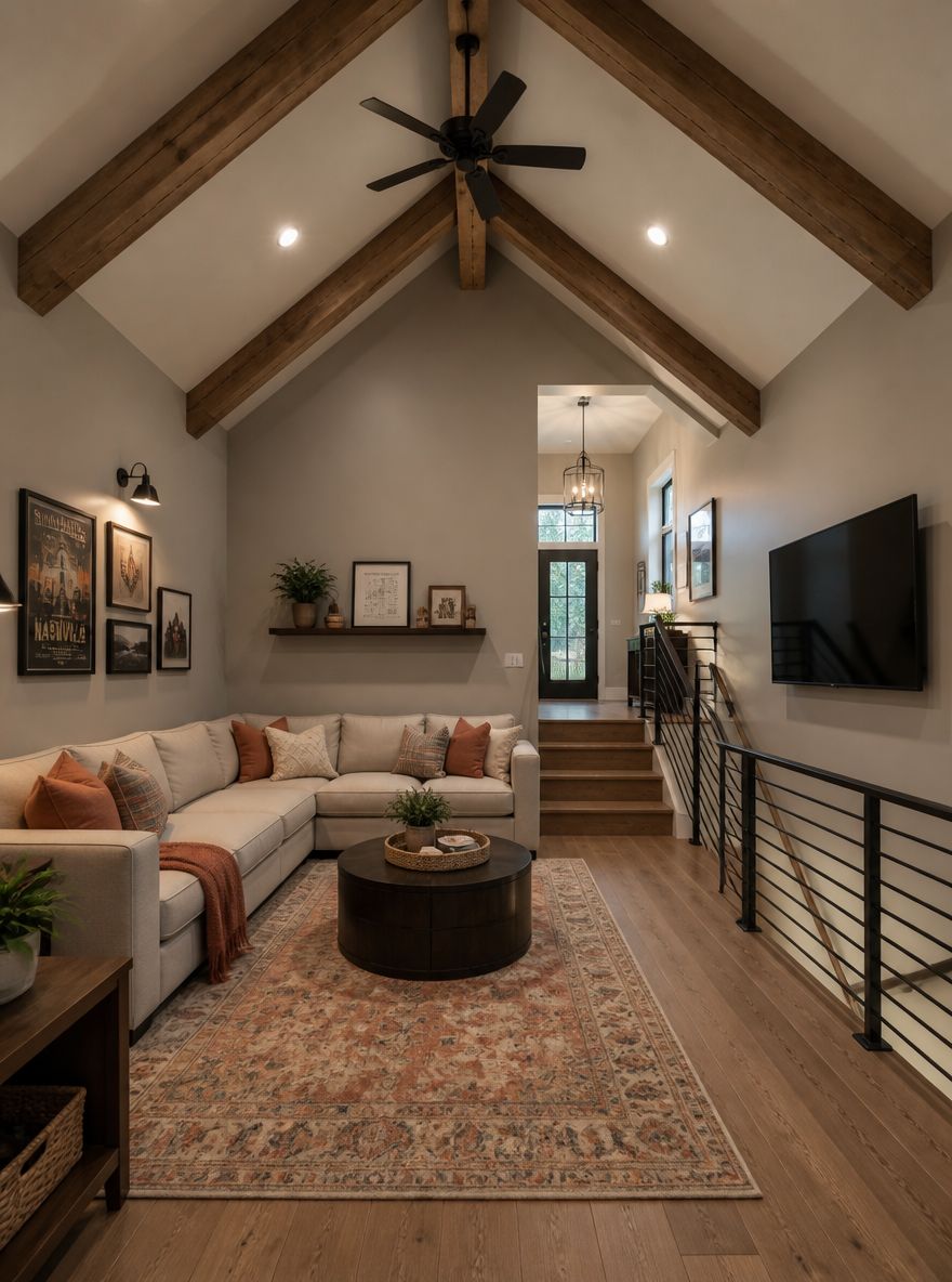Sectional wraps corner, exposed beams above