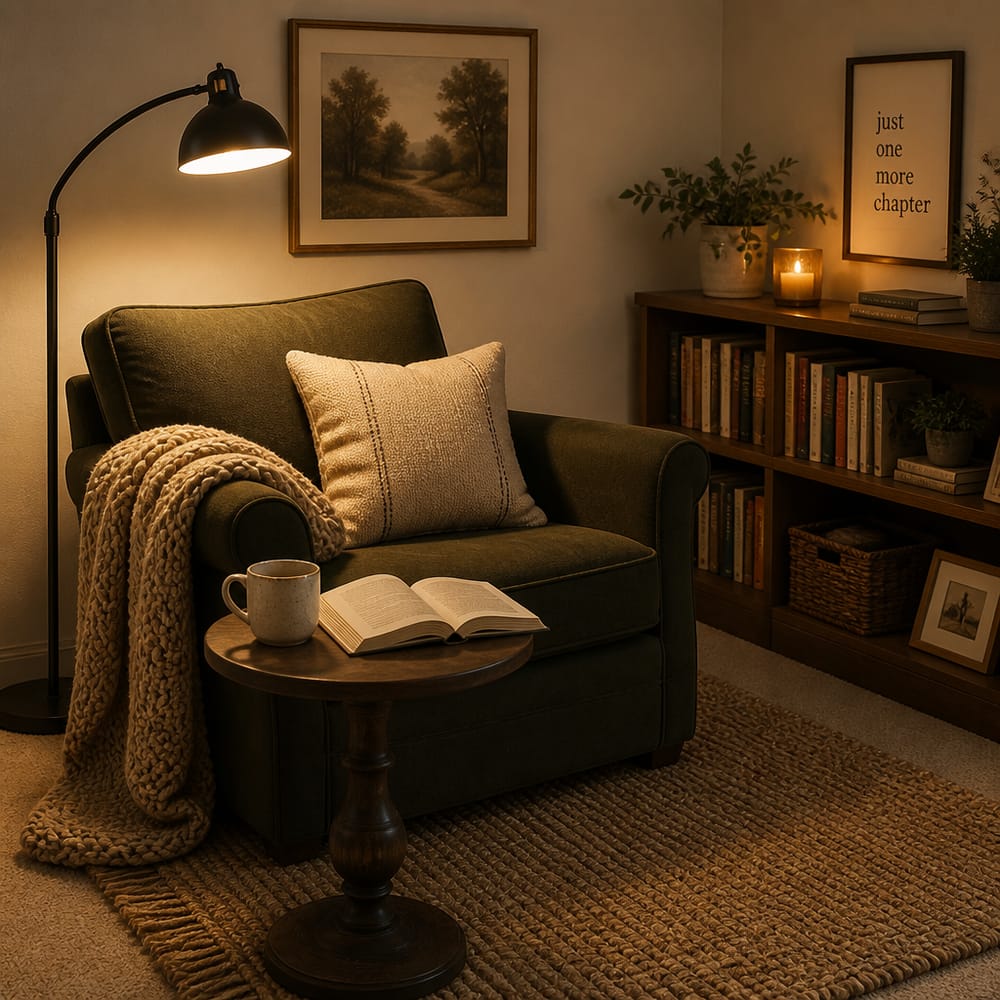 Arched floor lamp over reading chair, woven rug
