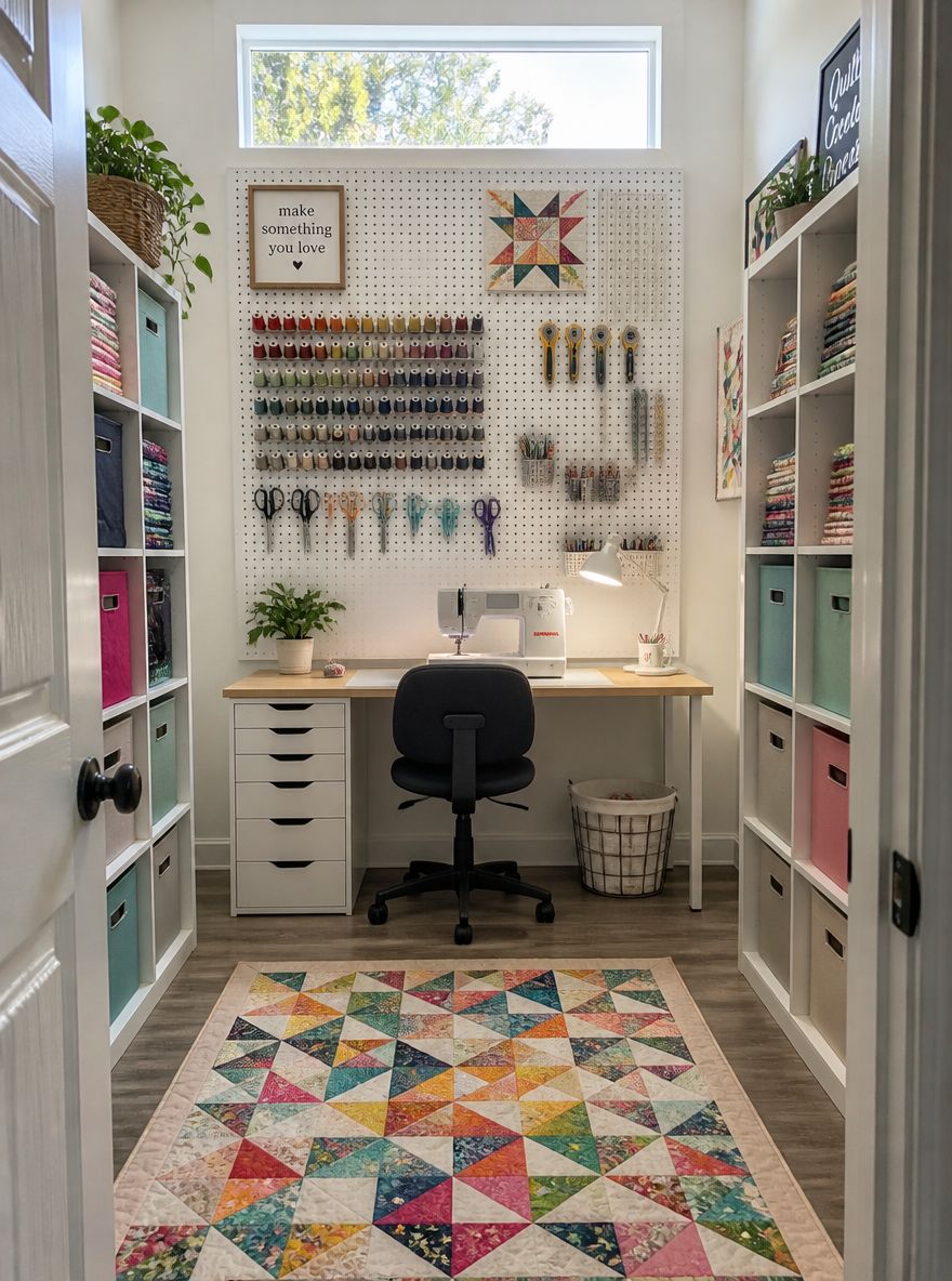 Pegboard tool wall above sewing table, fabric bins