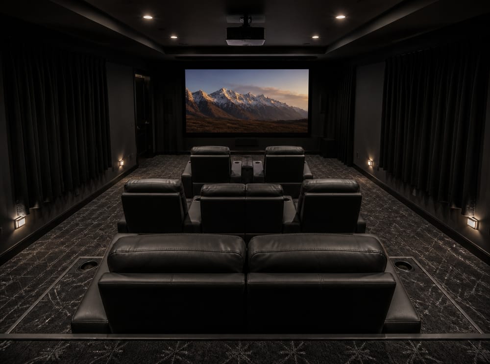 Tiered seating rows face projection screen