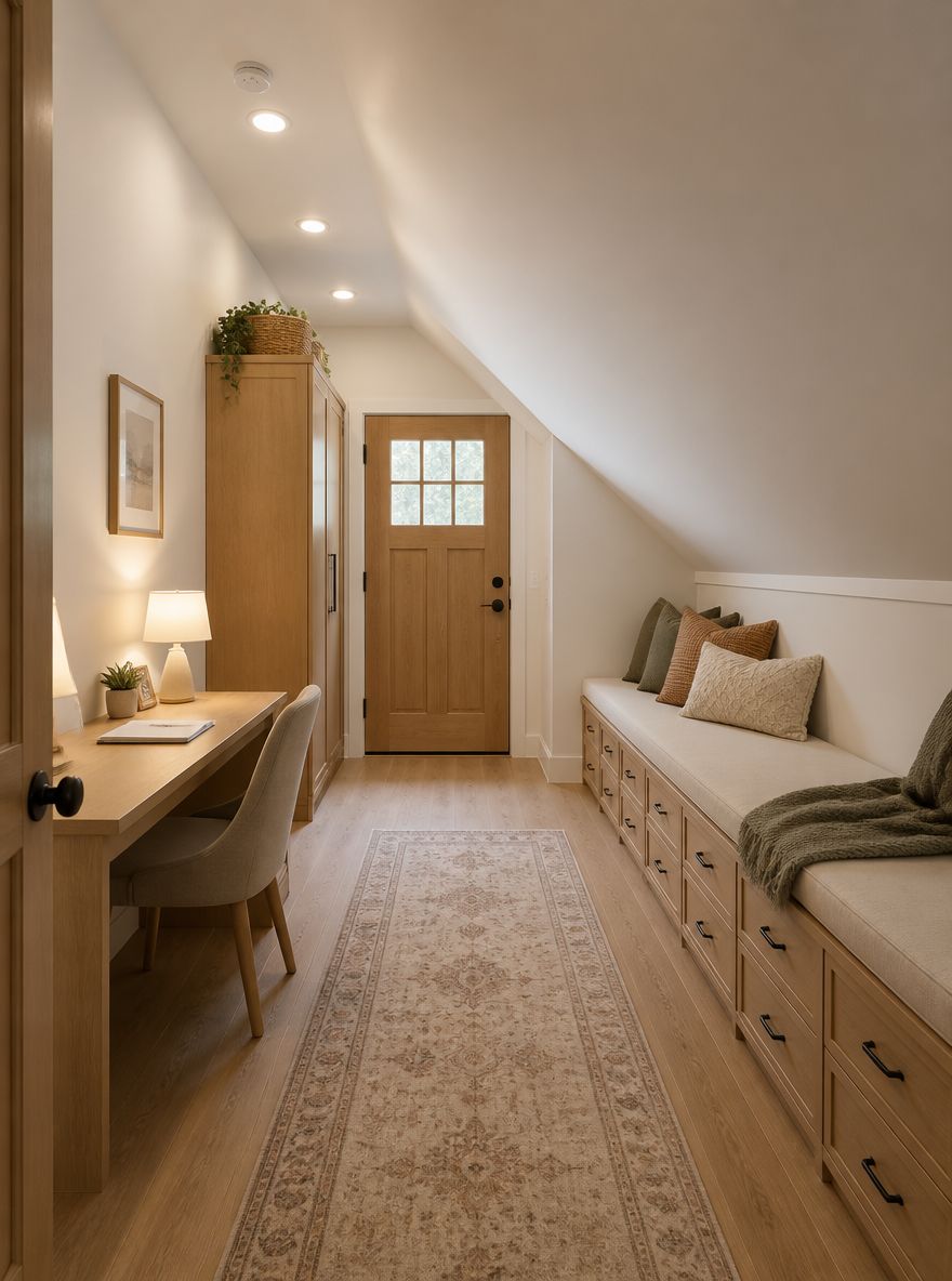 Knee-wall bench and desk use sloped ceiling space