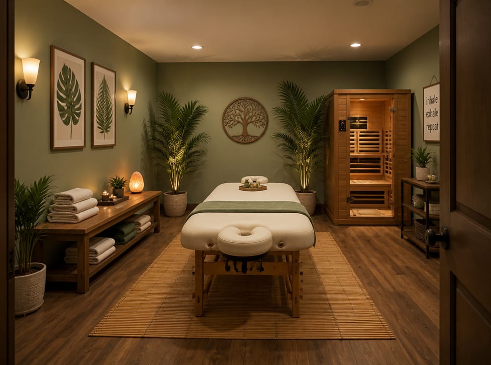 Massage table centered, sauna cabinet in corner