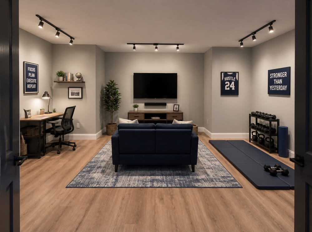 Three zones — desk, lounge, and exercise mat