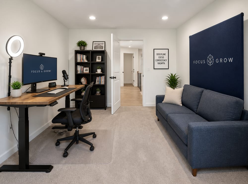 Standing desk with ring light, backdrop panel right