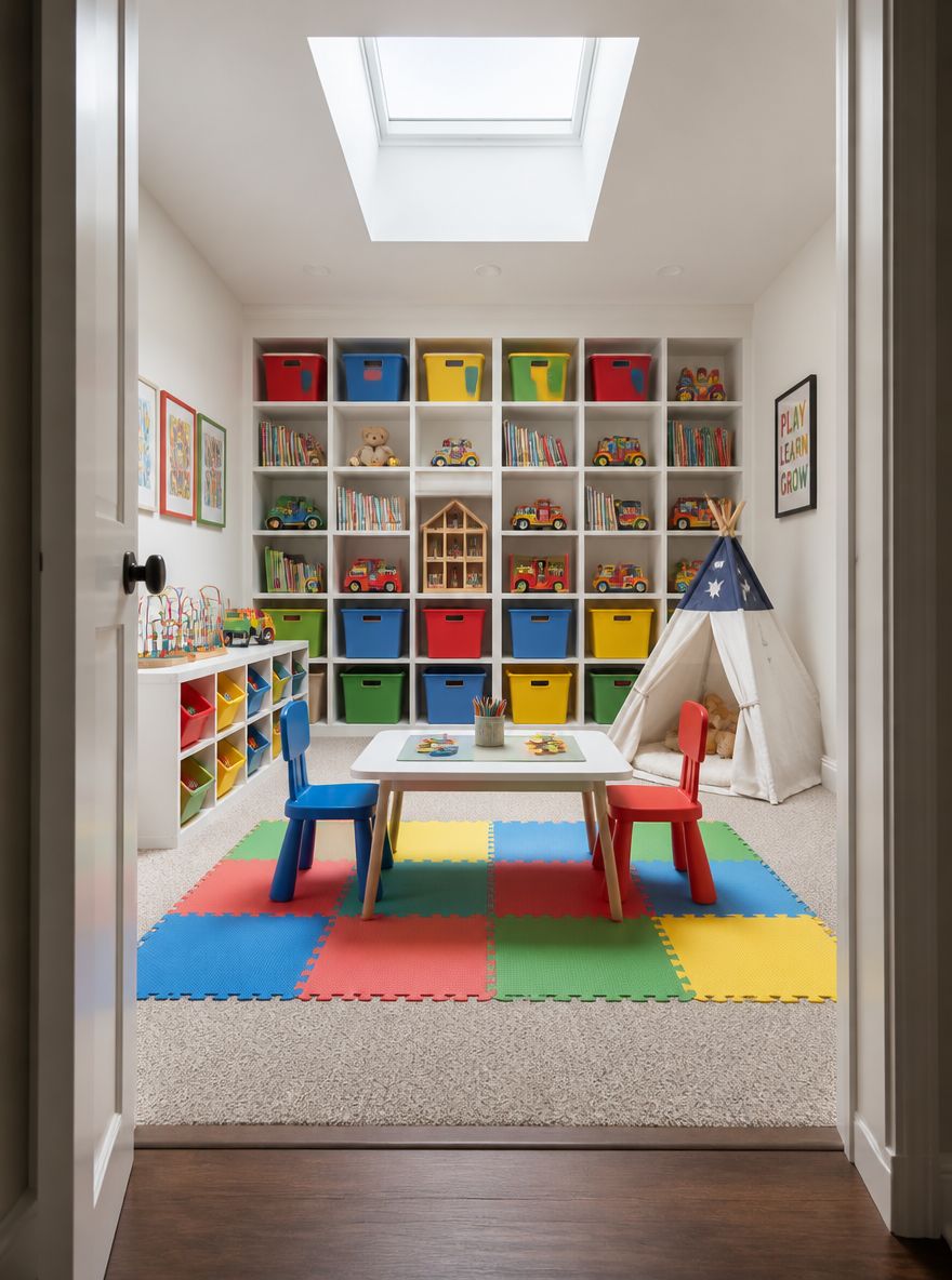 Floor-to-ceiling cubbies anchor kids' play zone
