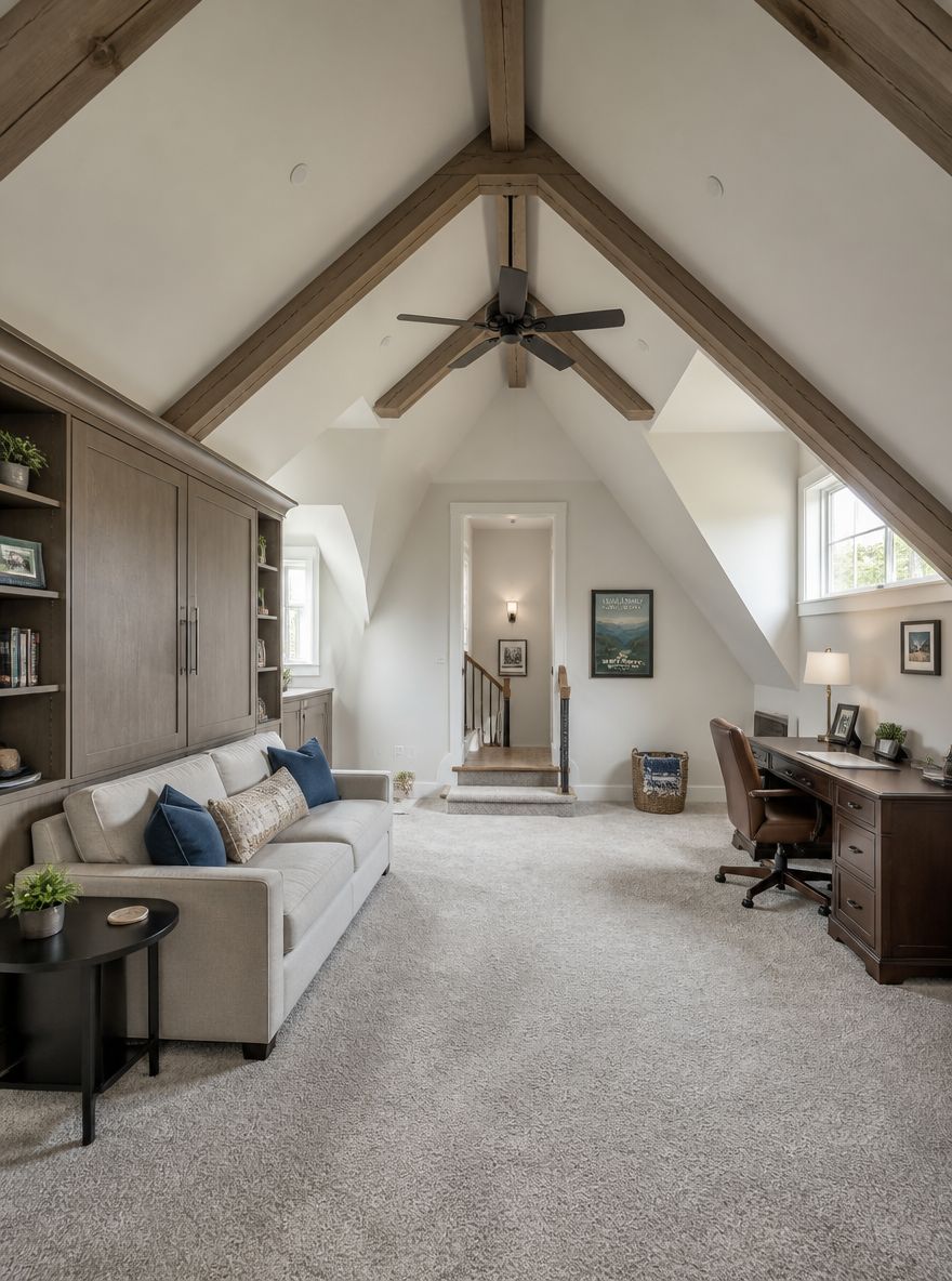 Murphy bed and desk share vaulted bonus room
