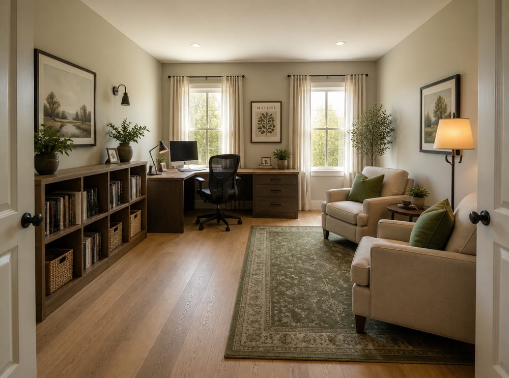 Dual-purpose office and reading corner, oak floors