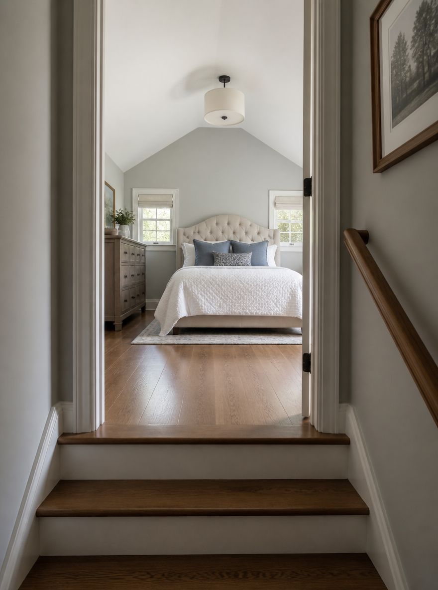 Guest bed centered between low dormers, blue accents
