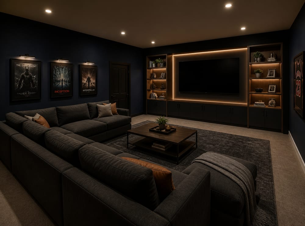 Sectional faces built-in media wall, navy walls