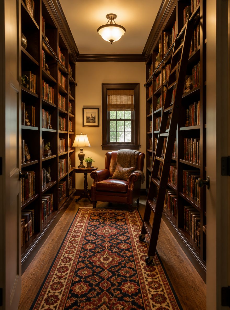 Rolling ladder, floor-to-ceiling shelves, reading chair