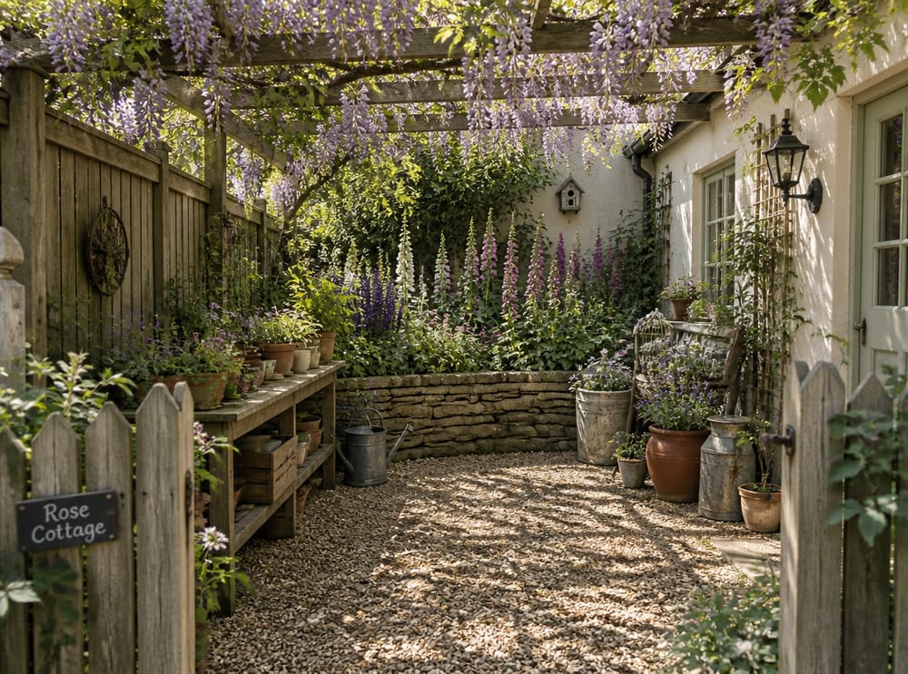 Cottage border met vaste planten over een gestapelde muur