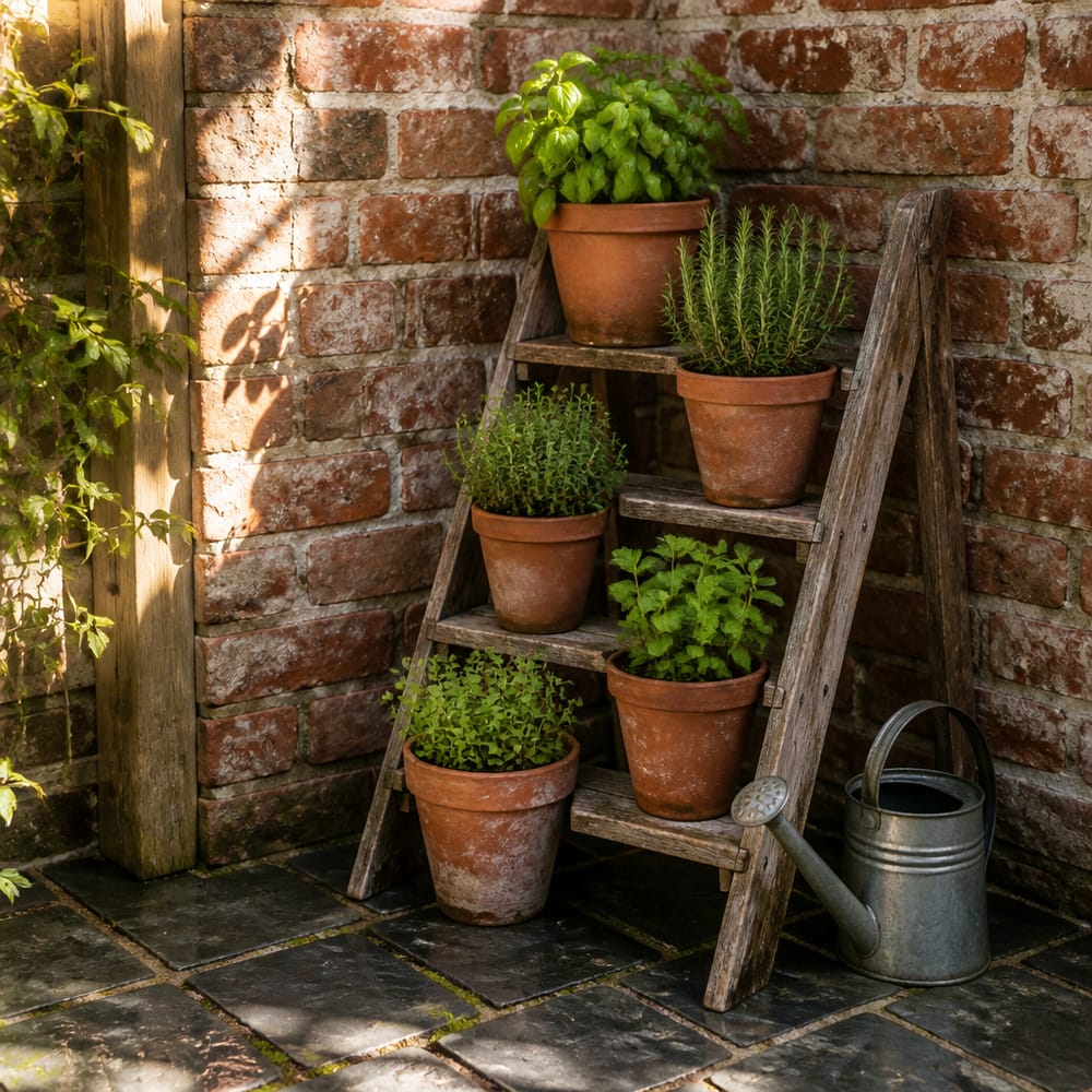 Plantenstandaard in trapvorm met speels verdeelde kruidenpotten